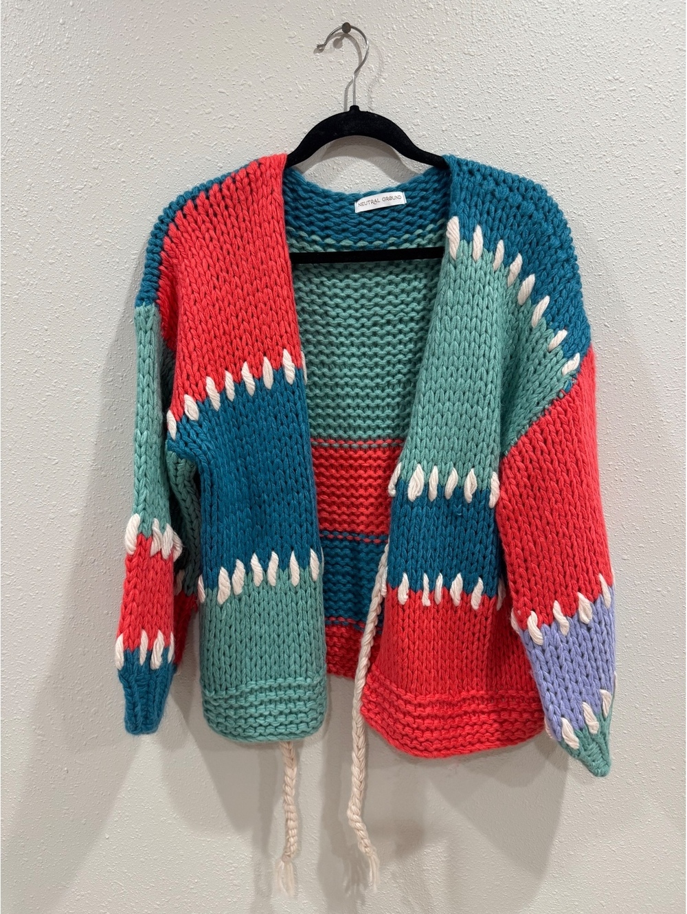 Neutral Ground Chunky Knit Colorblock Cardigan Women’s M Multicolor Tie Front